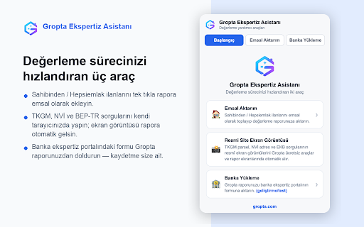 Gropta Ekspertiz Asistanı :: Değerleme uzmanları için: emsal aktarımı, TKGM/NVİ/EKB resmî sorgu görüntüleri, banka ekspertiz formlarını Gropta'dan doldurma.