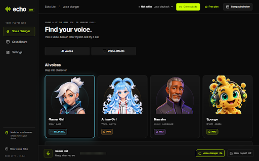 Echo Lite: Voice Changer for Chrome :: Free voice changer for Chrome calls with live AI voices, voice effects and a soundboard for Discord and Google Meet.