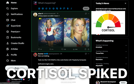 Cortisol Maxxer :: Detects the most visible tweet on your feed and shows a fun cortisol stress gauge overlay