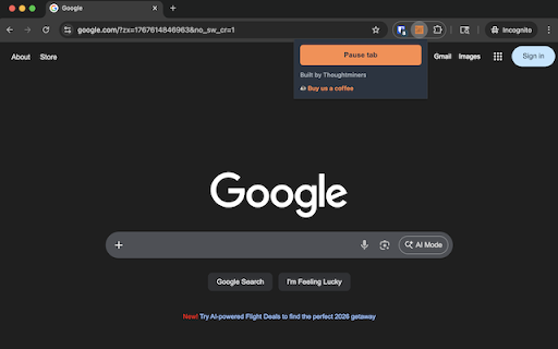 Tab Pause :: Pause Chrome tabs by discarding them. Built by Thoughtminers.