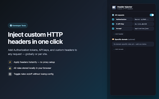 Header Injector – Custom HTTP Headers :: Modify and inject custom HTTP request headers globally, per domain, or per path. For developers, API testing, and debugging.