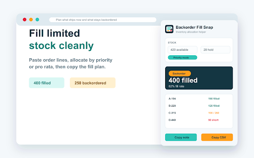 Backorder Fill Snap :: Allocate limited stock across order lines and see fill/backorder quantities locally.