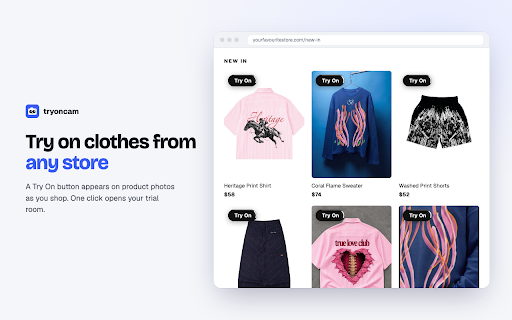 tryoncam: Virtual Try-On for Clothes :: See clothes on you before you buy. Click Try On on a product photo and watch it on you, live, through your camera.