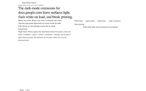 Night Editor Theme — Dark Mode for Docs :: Dark theme for docs.google.com — full-surface, no flash, print-safe. No tracking, no network, reads zero document text.
