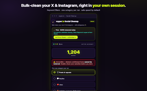 wyper: Delete Tweets, Posts & ChatGPT Chats :: Bulk-delete posts, replies, likes and reposts on your own X and Instagram. Keyword filters. No password, no OAuth, runs locally.