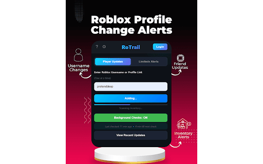 RoTrail – Roblox Profile Alerts :: Get notified instantly when Roblox profiles change for usernames, friends, or inventory updates.