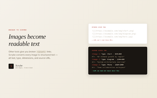 Scrybe — web pages, transcribed :: Convert any webpage to clean Markdown for LLMs. Extracts content, describes images, adds frontmatter. One click.