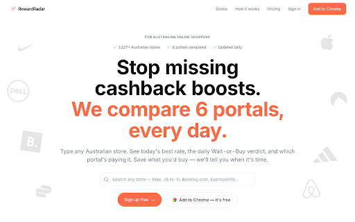RewardRadar — Australian cashback rates :: Get a push notification the moment a saved store hits a BUY NOW signal across Australian cashback portals.