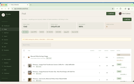 Wrenlist — Marketplace Sync :: Cross-list your resale inventory to multiple marketplaces from a single dashboard. The browser companion for wrenlist.com.