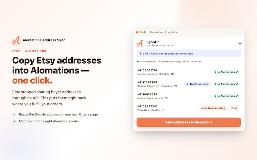 Alomations Address Sync :: Matches Etsy order shipping addresses by order number and sends them to Alomations.