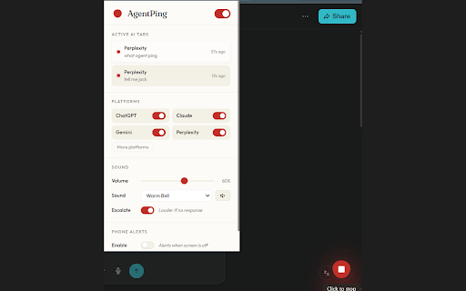 AgentPing :: Get alerts when supported AI tabs finish responding, with sound, desktop, and optional phone notifications.