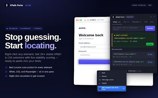 XPath Finder & CSS Selector Generator – XPath Forte :: XPath finder, CSS selector & Playwright locator generator. Element inspector with stability scoring for Selenium automation testing.