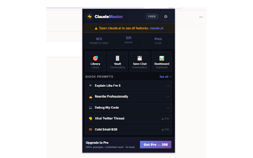 ClaudeMaster Pro — Prompts & Vault :: Premium prompt library, unlimited conversation vault, AI tools. Supercharge your Claude AI experience.
