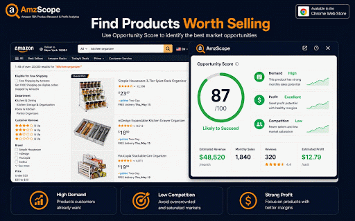 AmzScope – Amazon FBA Product Research & Sales Estimator :: Find profitable Amazon products fast: on-page sales, revenue, BSR, profit & opportunity grade. 100% free, private, no account.