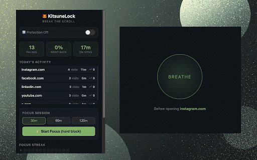 KitsuneLock — Break the Scroll :: Break the doom scroll habit. Mindful pauses before addictive sites, focus sessions, and progress tracking.