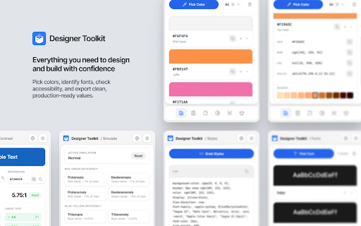 Designer Toolkit :: Toolkit for designers and developers. Pick colors, grab fonts, check WCAG contrast, simulate color blindness and more.
