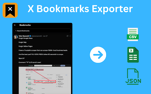 X Bookmarks Exporter - Export Twitter Bookmarks :: Download X (Twitter) bookmarks instantly as CSV, JSON, or XLSX. One-click export for backup, offline access, or sharing.
