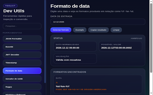 Dev Utils :: Coleção de utilitários para desenvolvedores: JSON, Base64, JWT, hash, regex, timestamp, API tester e mais.