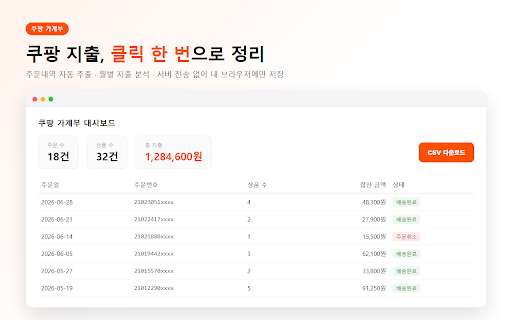 쿠팡 가계부 — 주문내역 엑셀 추출 & 지출 분석 :: 쿠팡 주문내역을 클릭 한 번으로 추출해 자동 분류된 지출 리포트로. 서버 전송 없음, 내 브라우저에만 저장.