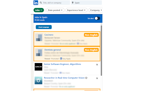 LinkedIn Job Language Filter :: Automatically detects and marks non-English job postings on LinkedIn job search pages.