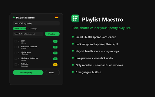Playlist Maestro :: Sort, smart-shuffle, lock and clean up your Spotify playlists. Live preview, one-click undo, and it only ever reorders.