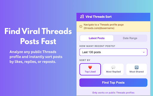Viral Threads Sort :: Sort and download posts from any public Threads profile by likes, replies, or shares. 100% client-side.