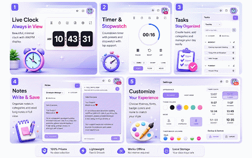 Clock & Notes Kit: Timer, To-do & Notes :: Clock and notes kit with standby clock, stopwatch, timer, to-do list, notes, presets, themes, and badge timer.