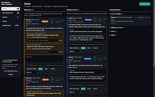 Marketplace Inbox Assistant :: Triage your Facebook Marketplace messages, see what needs you, and reply in your own words from your own knowledge base.