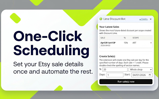 Etsy Sales & Discounts Automation Scheduler :: Automate Etsy Run a Sale setup in seconds. Schedule discounts faster, avoid manual errors, manage Etsy Sales & Discounts with ease