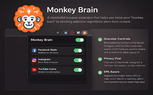 Monkey Brain :: Tame your monkey brain by blocking addictive short-form content like Facebook Reels and algorithmic homepages.