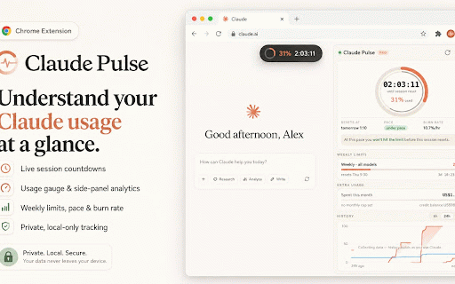 Claude Pulse - Daily & Weekly Usage Tracker :: Claude.ai usage dashboard with live limits, reset countdowns, burn rate, history, and overlay. Your data stays in-browser.