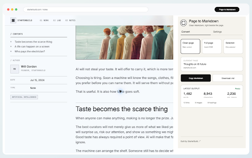 Page to Markdown by StarterBuild :: Turn any webpage or selection into clean Markdown for AI, notes, and documentation.