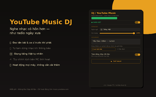 Radio DJ for YouTube Music :: Trải nghiệm radio hoài niệm trên YouTube Music — giọng MC tự động giới thiệu từng bài trước khi phát.