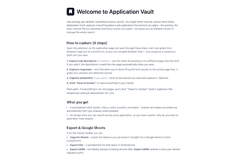 Application Vault :: Capture job applications - the posting, your resume, and every answer you typed - into a local, private tracker.