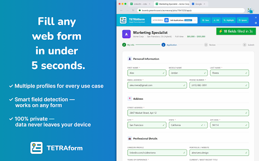 Form Autofill & Filler - TETRAform :: Free form autofill for Chrome. Fill job applications, scholarships & web forms in one click. Multiple profiles, 100% private.