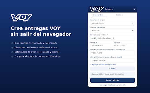 VOY Aliados :: Crea y rastrea entregas VOY desde el navegador, con un panel flotante en cualquier página.