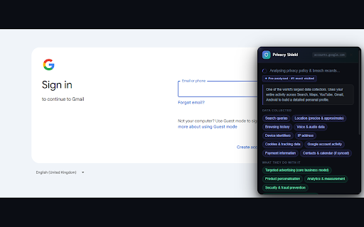 Privacy Shield – Terms & Breach Checker :: See what data sites collect, dangerous T&C clauses, and breach history — shown instantly when you sign up or log in.