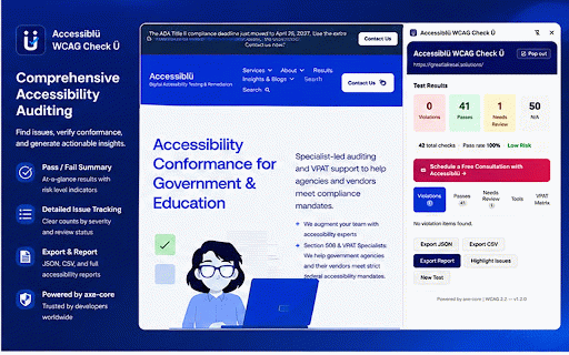 Accessiblu: WCAG Accessibility Audit + VPAT :: Professional WCAG 2.2 audit tool with VPAT matrix and ACR export. Automated testing and reports for developers and QA teams.
