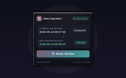 Odoo Expiration Bumper :: Inspect and bump Odoo Enterprise database expiration date 29 days forward with a single click.