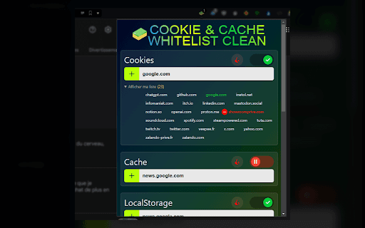 Cookie & Cache Whitelist Clean :: Clear cookies and various types of cache when the browser starts up.