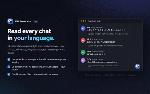 Telli.sh: Every Translator — SNS, Chat & Web :: Read translations beside the original and write replies in any language from focused input fields on enabled sites.