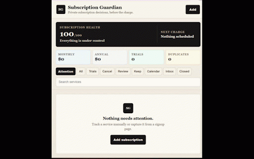 Subscription Guardian :: Privacy-first renewal and free-trial tracker that detects subscription signups as you browse