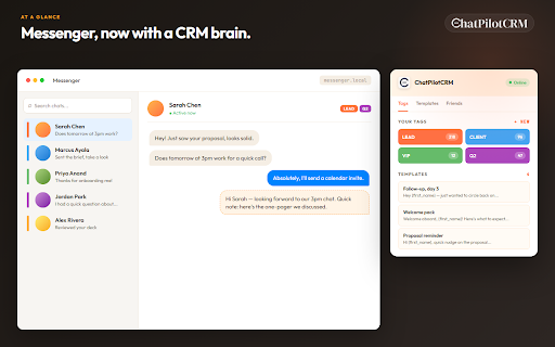 ChatPilotCRM — Facebook Messenger CRM :: Turn Facebook Messenger into a CRM for freelancers, agencies, and coaches. Tag contacts, track friend requests, send bulk DMs.