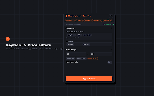 Marketplace Filter Pro :: Advanced filtering for Facebook Marketplace — price ranges, keyword include/exclude, category filters, condition toggles, and more.