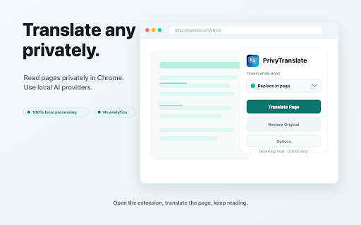PrivyTranslate :: Privately translate web pages and text with Chrome's built-in Translator or your local AI provider.