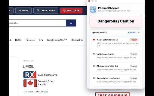 PharmaChecker :: Checks online pharmacy sites against NABP, FDA warning-list, .pharmacy, prescription, and license signals.