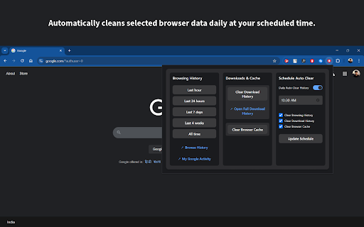 Quick History Delete :: No need to manually clear your browser data. Simply schedule a time, and the extension will automatically clean it daily.