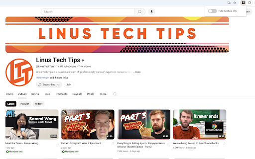 Hide Members Only Videos :: Hides YouTube members-only videos, with a toggle button.