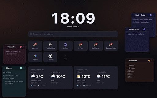 Nu Home :: A custom new tab page with a clock, favourites grid, live weather, sticky notes, and an autofocused URL search bar. — Nu Home
