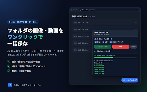 Gofile 一括ダウンローダー Pro :: Gofile のフォルダ内の画像・動画をワンクリックで一括ダウンロード。サブフォルダ対応・自動リトライ。3回まで無料、買い切りで無制限。
